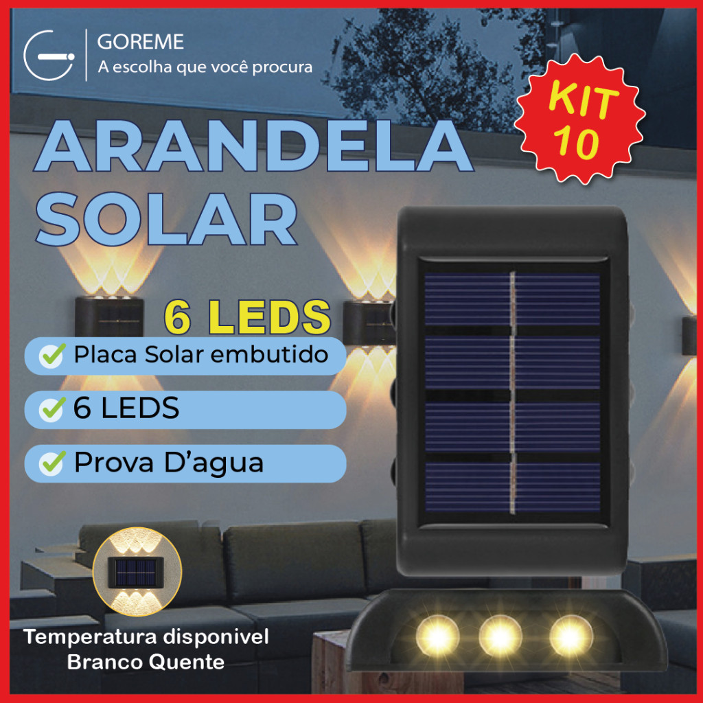 Kit 10 Luminária Arandela Solar 6 LED Luz Branco Quente para Parede a Prova dágua Spot para parede em Oferta na Shopee