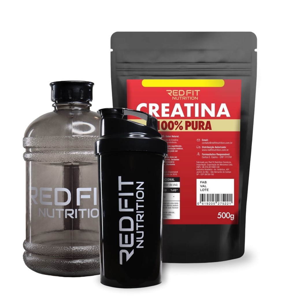 Creatina Monohidratada 500g Shaker Black 600ml Gallon Black 1,8L - 100% Pura Matéria-Prima Importada - Red Fit Nutrition