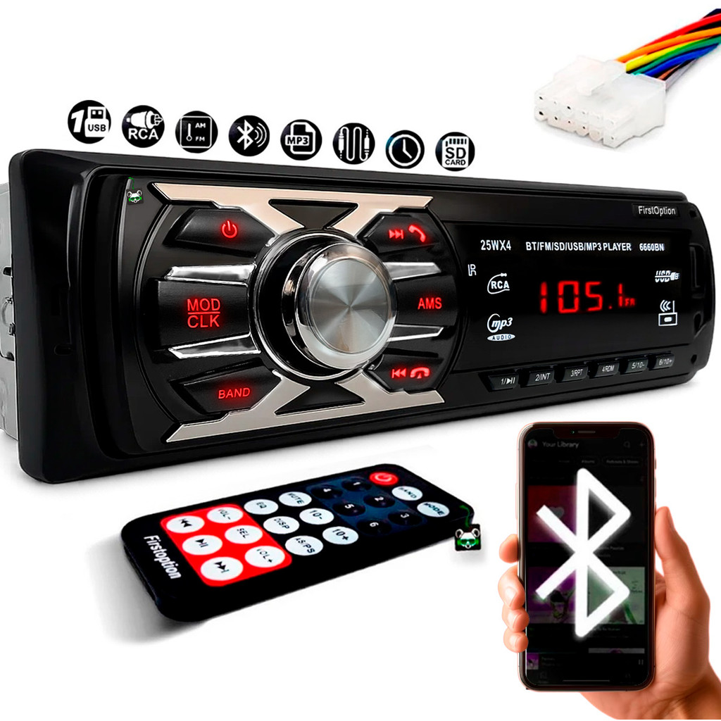 Rádio Som Automotivo MP3 c/ Bluetooth USB SD Aux Carro 6660BN
