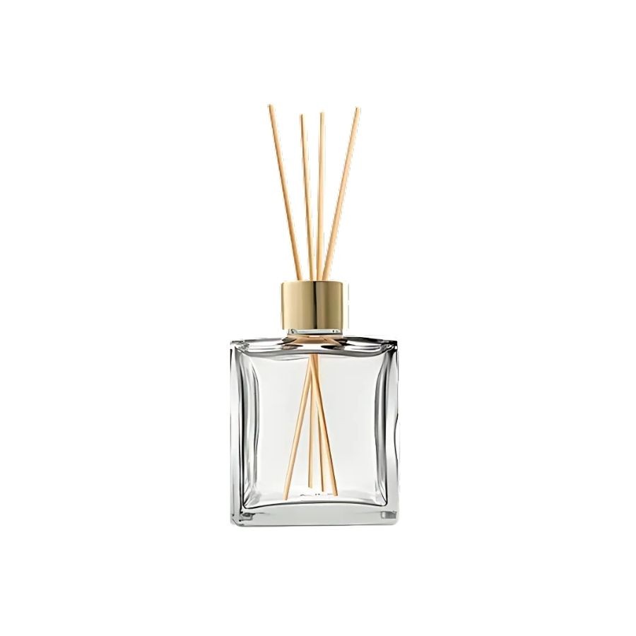 Frasco De Vidro Cubo Difusor Com Tampa Difusora e Varetas - Dourada - 5,5x8cm - 100ml - 1 unidade - Rizzo