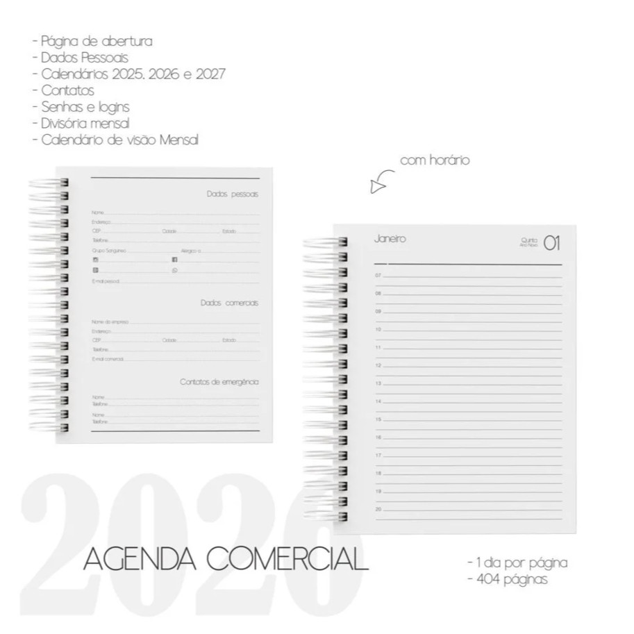 Miolo de Agenda 2026 Refilado 1 dia útil por Página