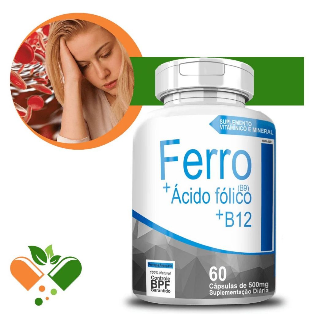 Ferro + Ácido Fólico + Vitamina B12 - 60 Cápsulas