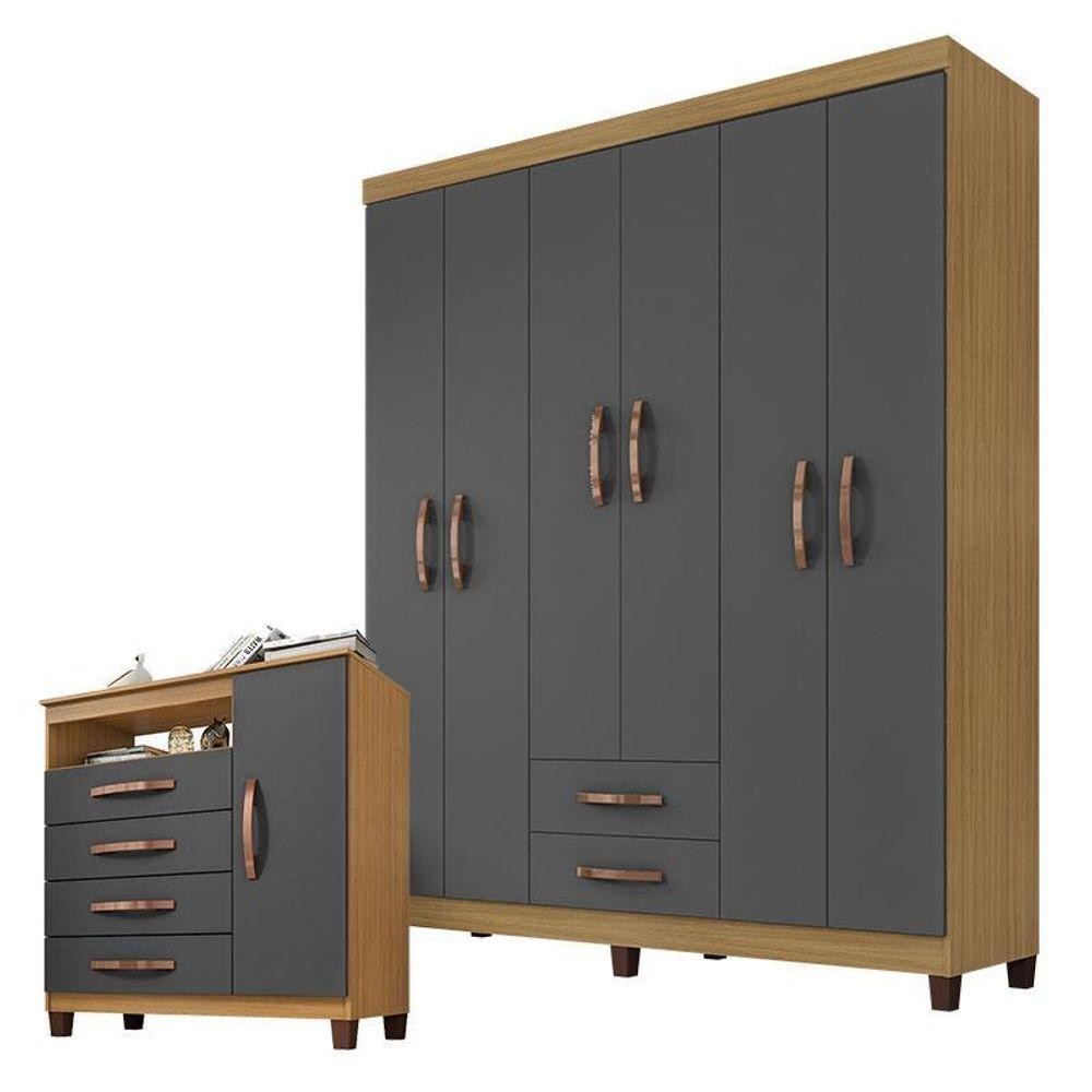 Guarda Roupa Casal Módena E Cômoda Sapateira Cannes Carvalho Americano cor Grafite - Incorplac em Oferta na Shopee