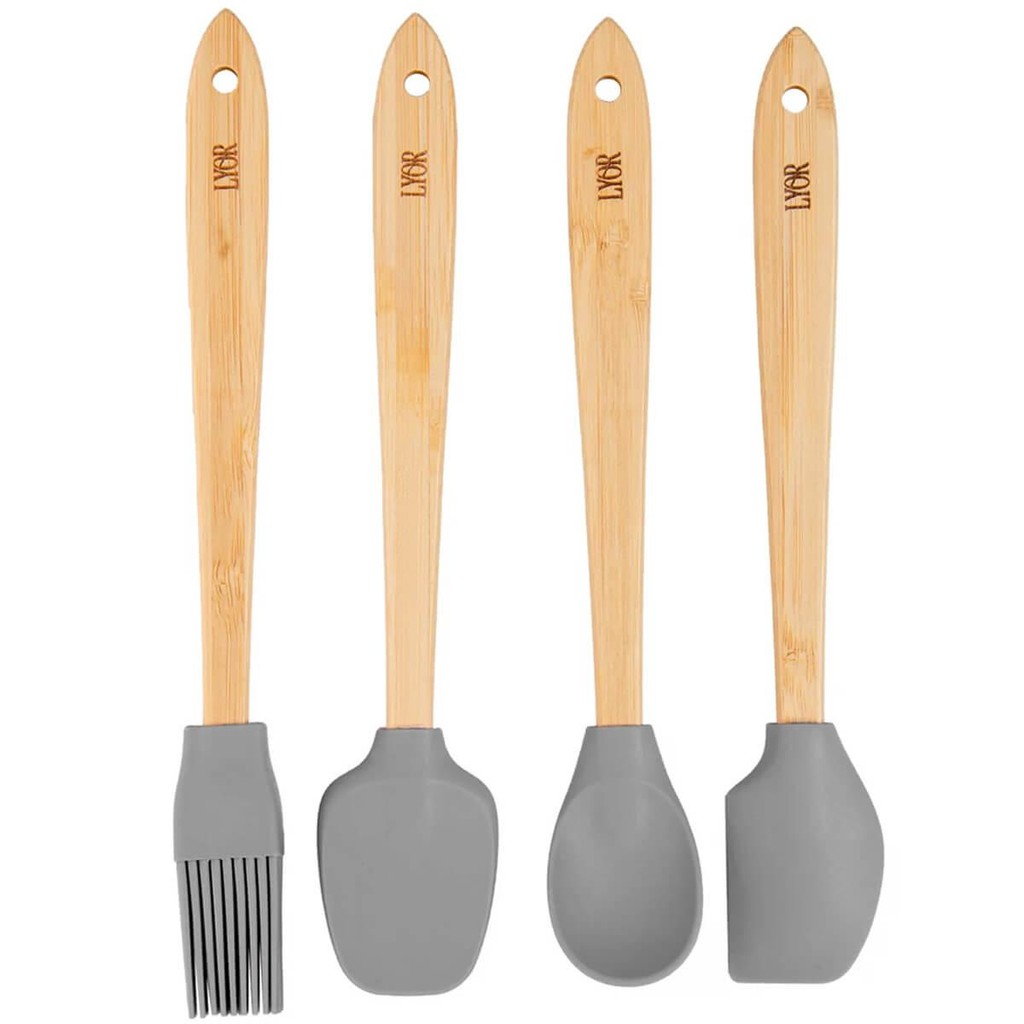 Jogo 4 Utensílios 20cm Silicone Cabo Bambu Cinza Lyor Mini Cozinha Decoração Pincel Espátu...