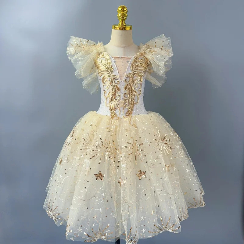 Crianças Românticas Ballet Tutu Vestido Menina Saia De Dança Ouro Lantejoulas Desempenho Roupas Longo De Princesa