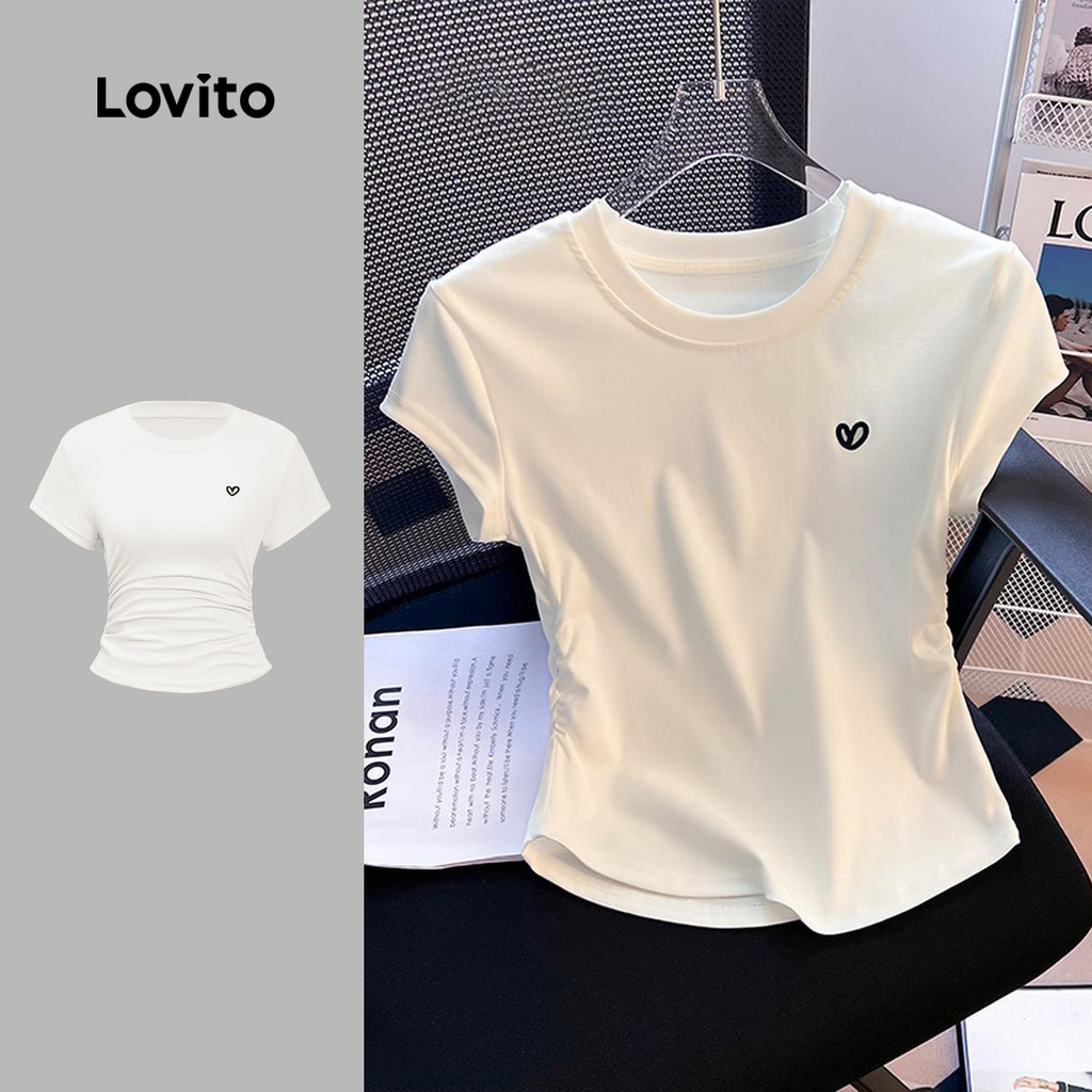 Lovito Camiseta Casual Lisa com Detalhes Plissados para Mulheres LNE39028 (Multicolorido) em Oferta na Shopee