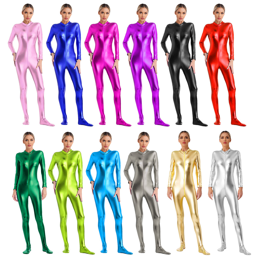 Yeahdor Macacão Feminino Metálico Brilhante Zentai , Gola Simulada , Manga Comprida , Zíper Frontal , Meia-Calça Unitard