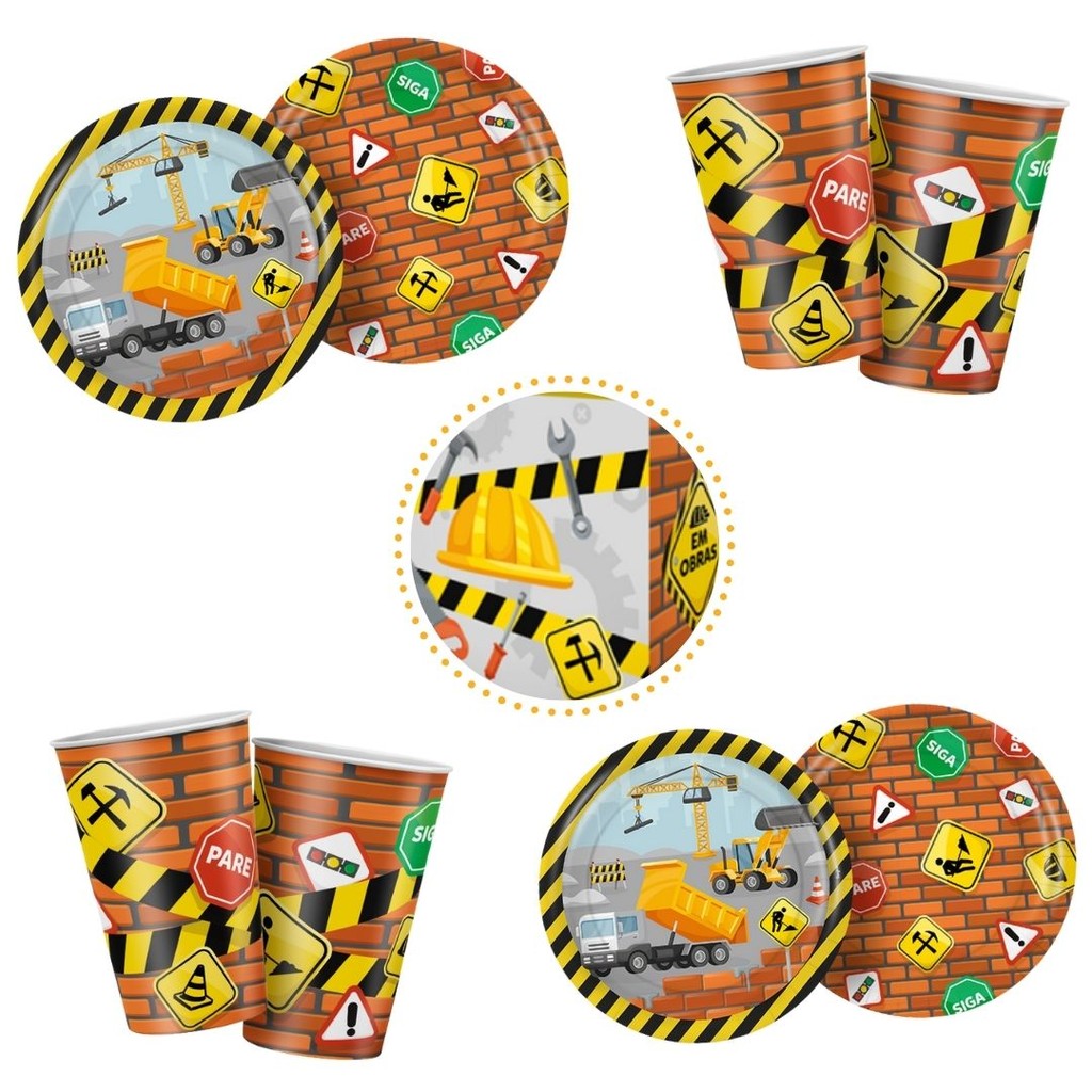 KIT FESTA CONSTRUÇÃO 8 PRATOS + 8 COPOS DESCARTÁVEL 180 ML PAPEL - REGINA em Oferta na Shopee