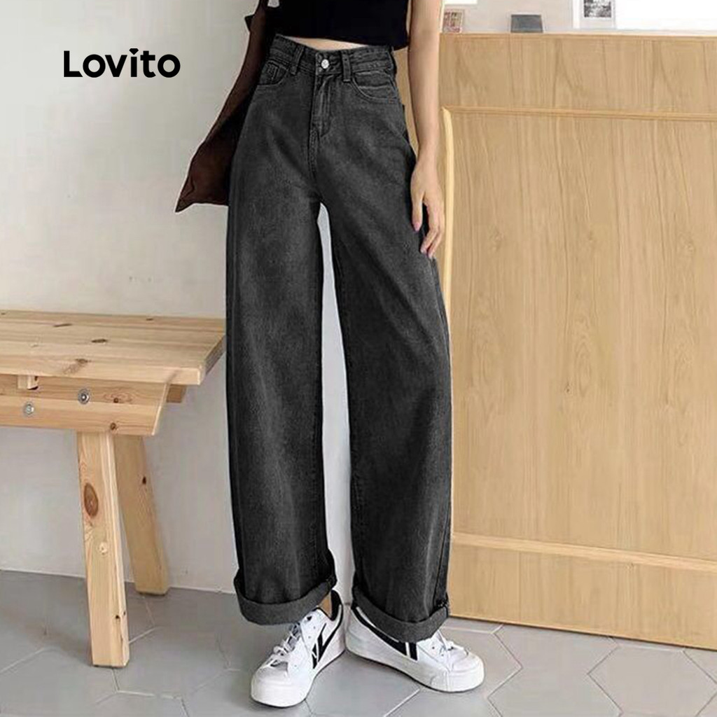 Lovito Jeans Casual Liso Lavado Primavera/Verão Cinza Escuro Para Mulheres LNE1032X041 - Women Clothes