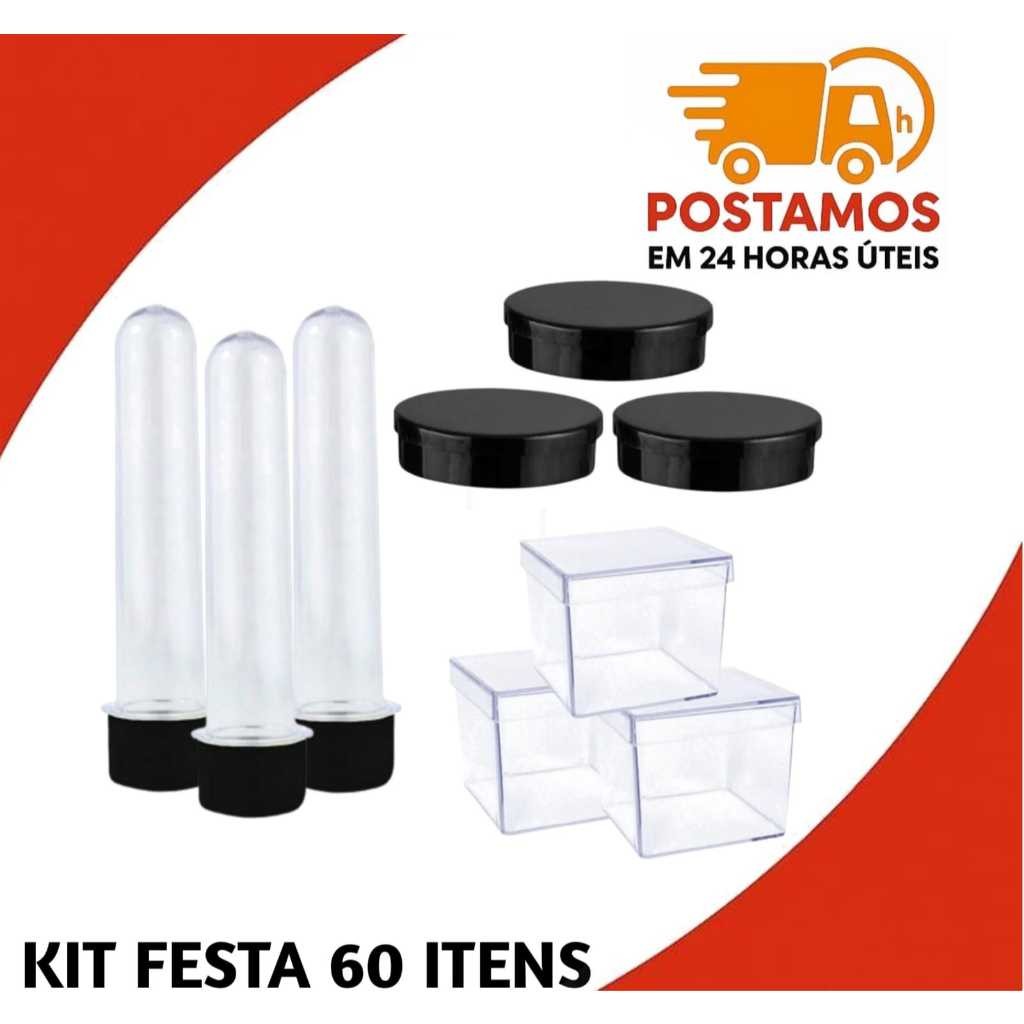 kit festa 60 itens - 20 Caixinhas 5x5 cm / 20 Latinhas 5x1 / 20 Tubetes 08 cm c/ tampa - Lembrancinhas