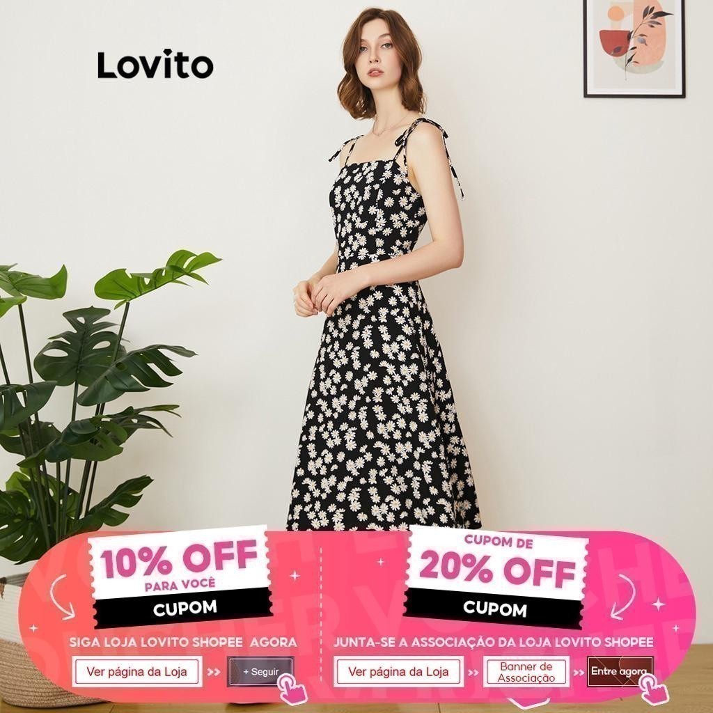 (Trendy) Lovito Vestido Alças Ajustáveis Vestido Para Mulheres L24AD135 (Preto) em Oferta na Shopee
