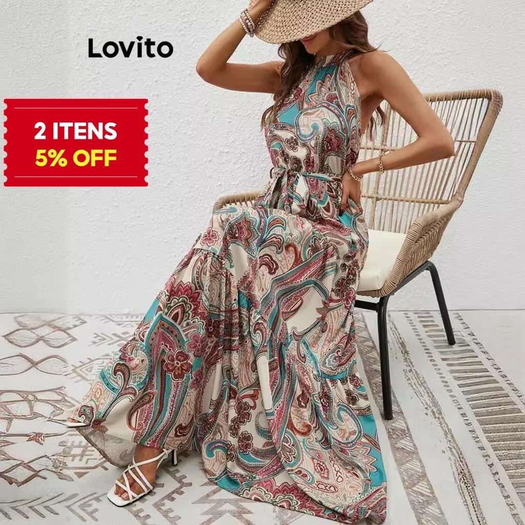 (Trendy) Lovito Vestido Boho Paisley Vestido Estampado Com Cadarço Para Mulheres LNL72079 - Women Clothes