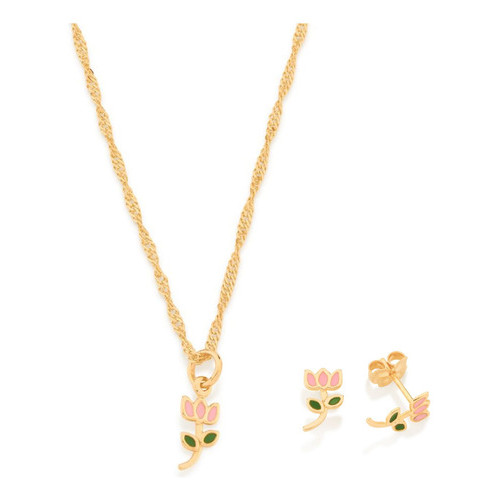 Conjunto Rommanel Colar E Brinco Flores Tulipa Folheado K123