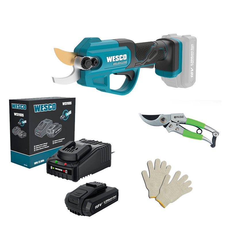 Tesoura de Poda Wesco WS8360.9 18V Brushless + Bateria 2Ah e Luvas