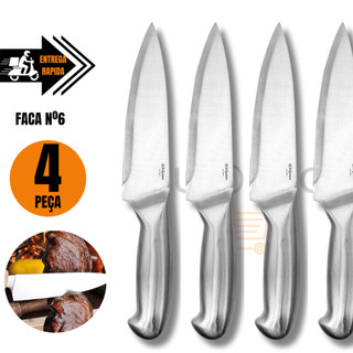 Conjunto de 4 Facas 6 Profissional Inteiriço Aço Inox para Churrasco Açougue Cozinha