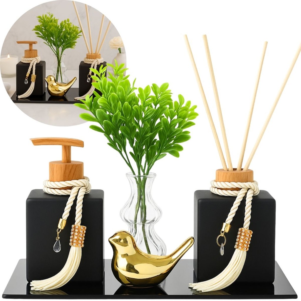 Kit Lavabo Luxo Completo Vidro preto C/ Difusor Vasinho E Saboneteira em Oferta na Shopee