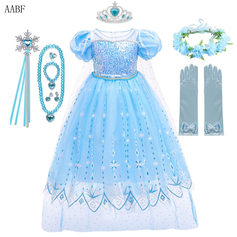 Vestido Frozen Elsa Vestido de Princesa Luvas de Lantejoulas Dança para Meninas Fantasia I...