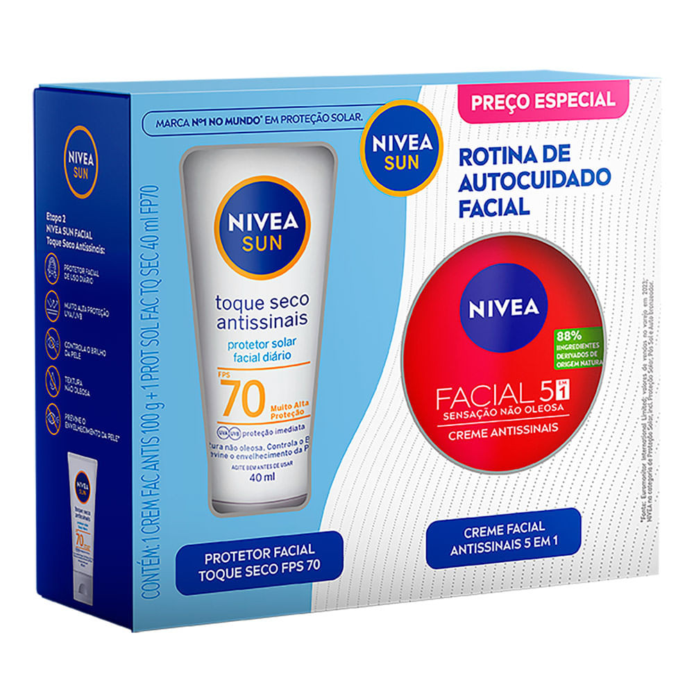 Kit Protetor Solar Nivea Sun Toque Seco Antissinais FPS 70 40ml e Creme Facial Nivea Antissinais 100g - Beauty