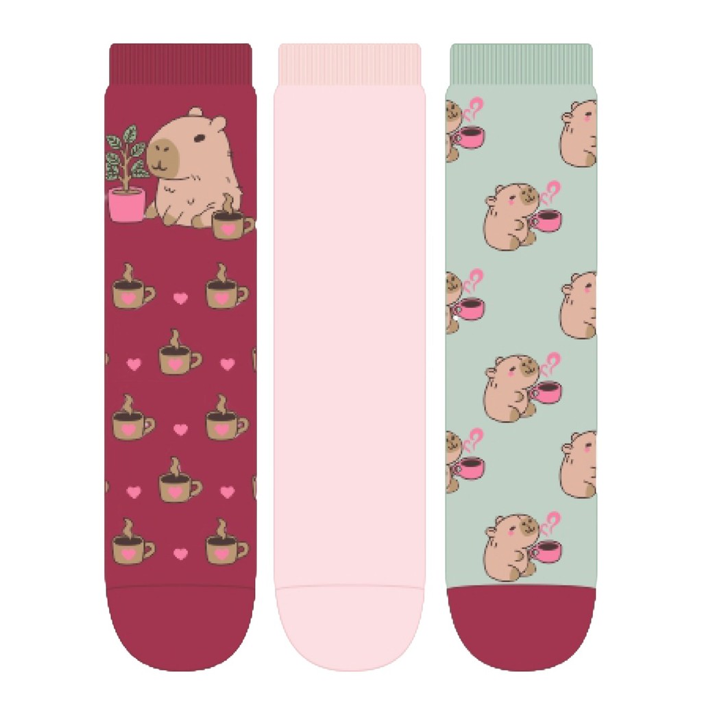 Kit 03 Pares Meias Capivara Café Soquete Adulto Feminina - Tamanho 34 a 39