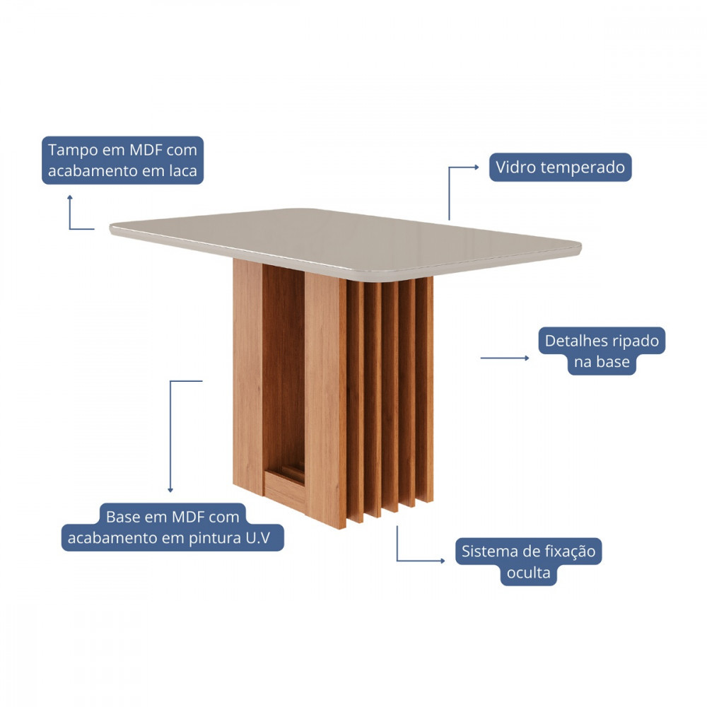 Detalhes do Mesa de Jantar 130cm Tampo de Vidro Em MDF Ariela Cimol