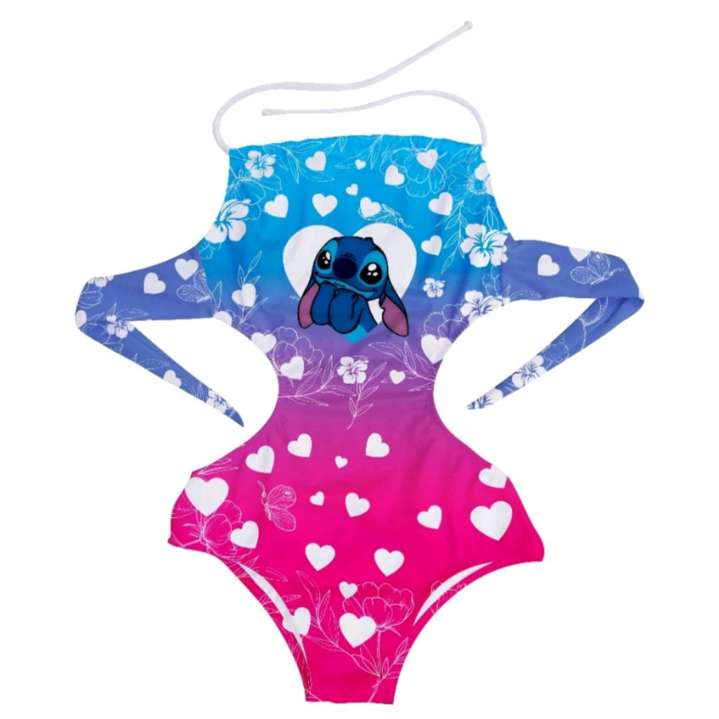 Maiô Biquíni Infantil Stitch Lilo Floral com Corações Proteção UV 50 Plus Praia Piscina Menina Verão