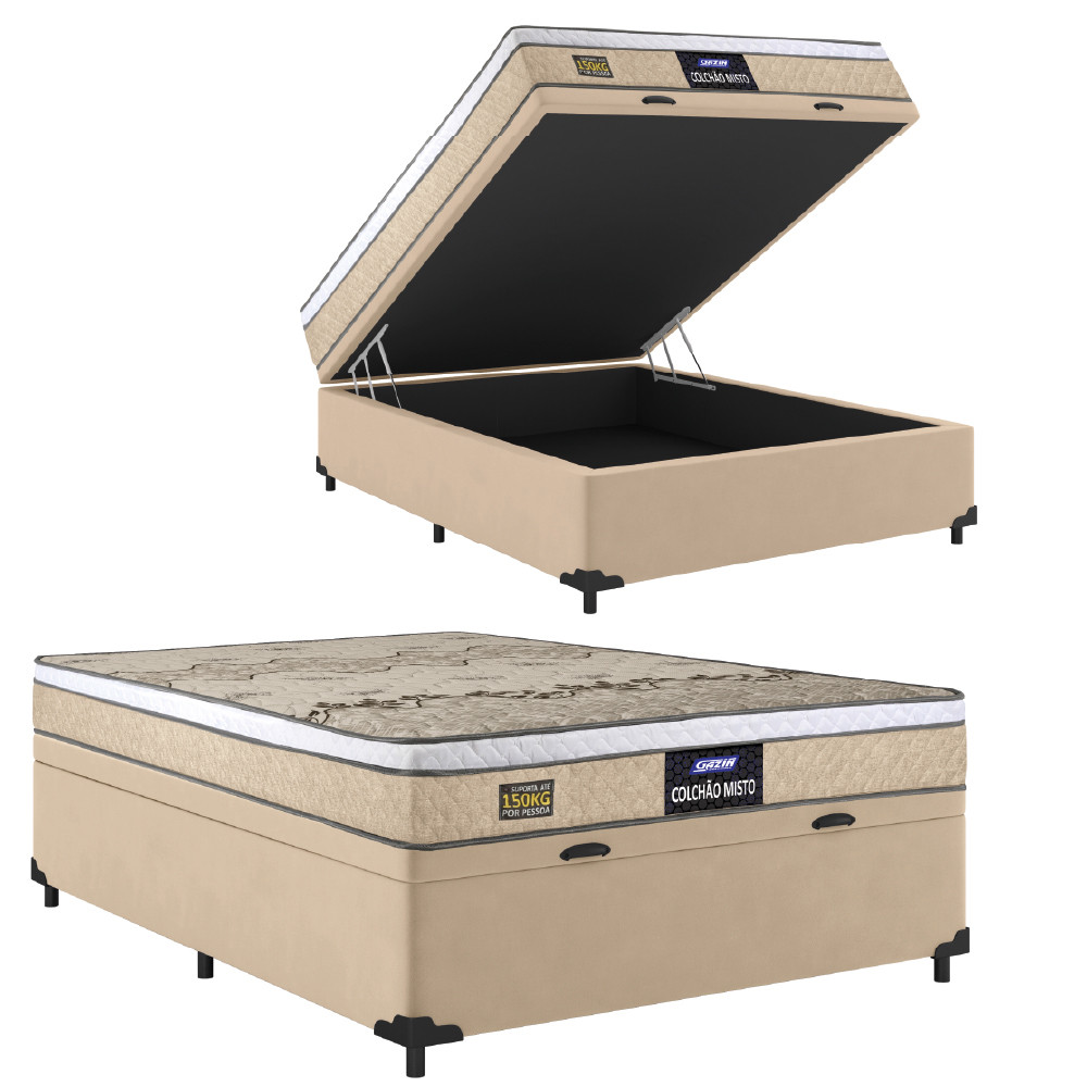 Cama Box Baú Casal Colchão Espuma D33 Fort Gazin 138x188x62cm Bege / Branco em Oferta na Shopee