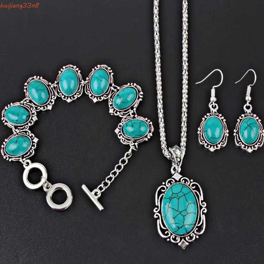 HUIJIANG 4 Pçs/Set Boho Turquesa Conjunto De Jóias , Liga Vintage Colar Pulseira Brincos , Estilo Euramerican