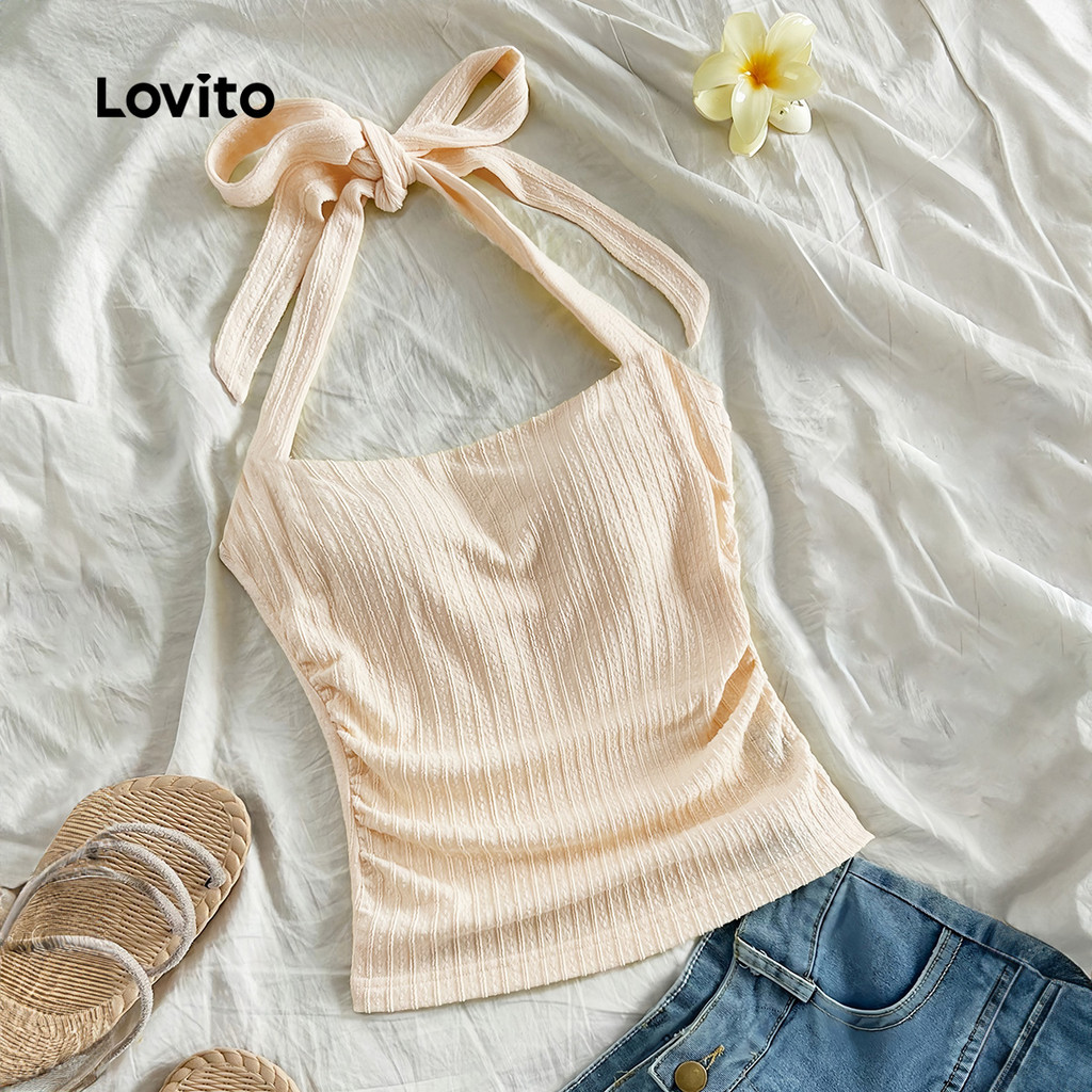 Lovito Blusa Casual com Amarração Nas Costas  Primavera/verão  Cor Pêssego  para mulheres L143ED166 em Oferta na Shopee