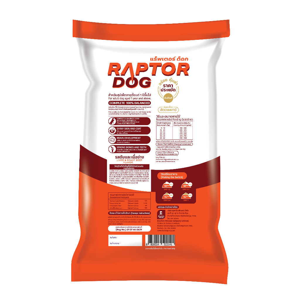 [กระสอบ10-20KG] Raptor Dog แร๊พเตอร์ด๊อก อาหารสุนัขโต ไม่เติมเกลือ ขนาด 10 KG
