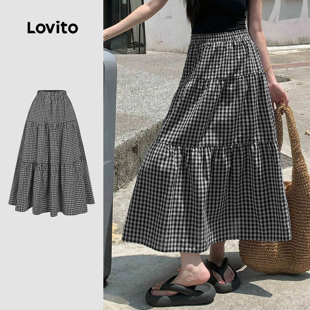 (New) Lovito Saias Casuais de Camadas para Primavera/verão Saias Pretas e Brancas para mulheres L149LD012 em Oferta na Shopee