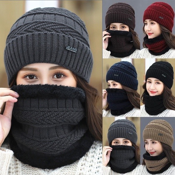 Conjunto de Gorro e Cachecol Feminino para o Inverno, em Veludo, Quente e Espesso, Gorro de Malha, Protetor de Pescoço,