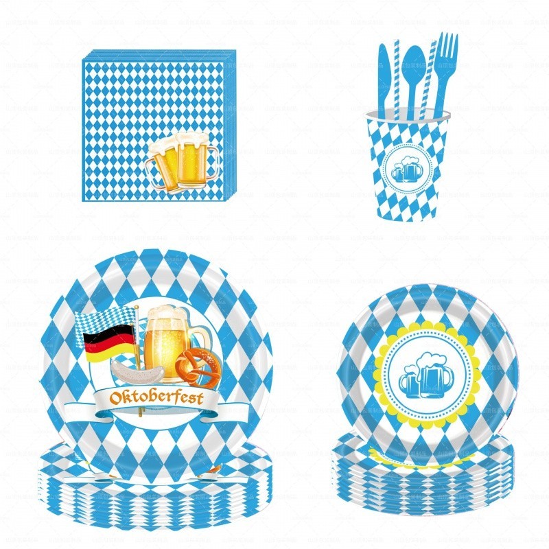 Conjunto de Decoração de Mesa para Festival de Cerveja Alemã com Tema de Festa Oktoberfest, Pratos de Papel, Guardanapos