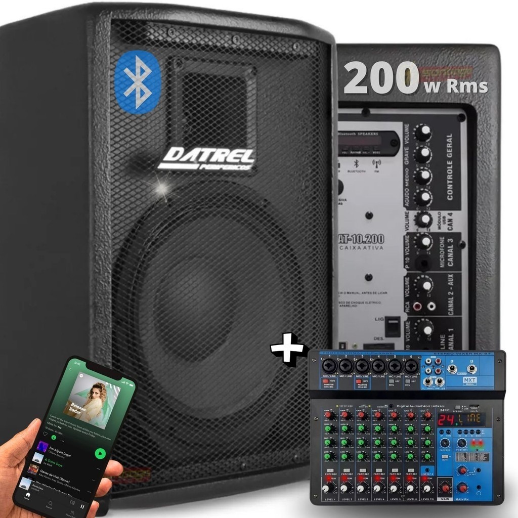 Kit Caixa Som 200w Rms Ativa Acustica Amplificada Profissional + Console Mesa 8 Canais Audio Mixer Efeitos Usb Bluetooth