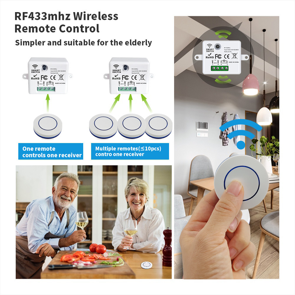 Interruptor De Controle Remoto Sem Fio RF 433MHz , Módulo Receptor De Relé AC 100-250V 10A Para Lâmpada Liga/Desliga Ele