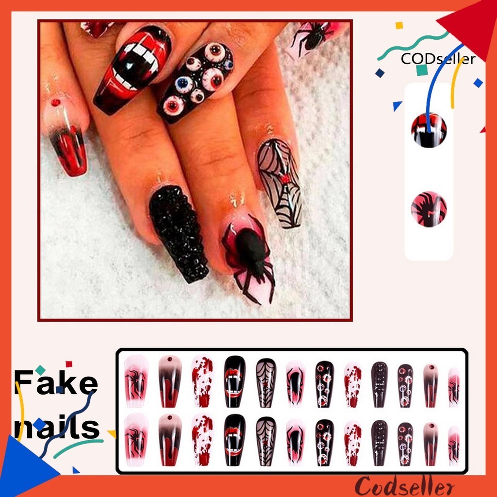 { CD } 1 Conjunto De Pregos Falsos Estilo Halloween Efeito Eyeball Spider Fangs Decor Fácil Remoção Grande Pegajosidade Festa De Cosplay DIY Nail Art Accessory