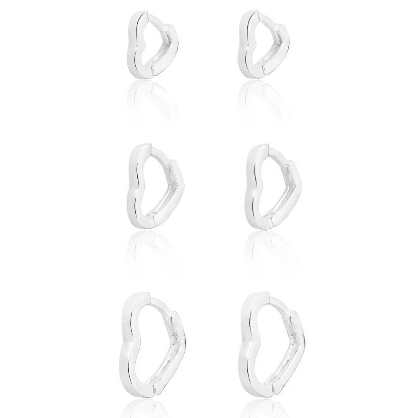 Trio de argolas click coração prata 925 em Oferta na Shopee