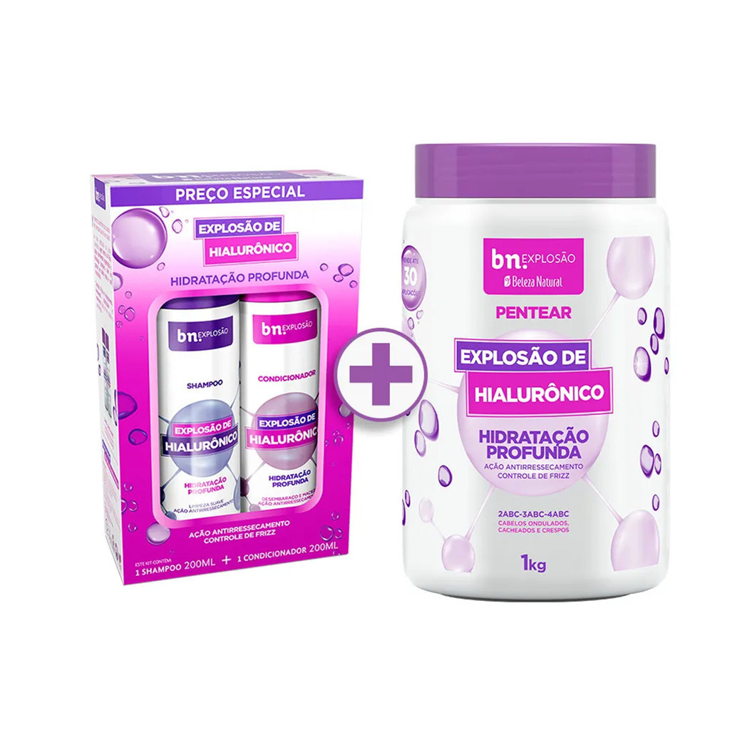Kit Beleza Natural Shampoo 200ml + Condicionador 200ml + Creme de Pentear Explosão Hialurônico 1Kg - Beauty