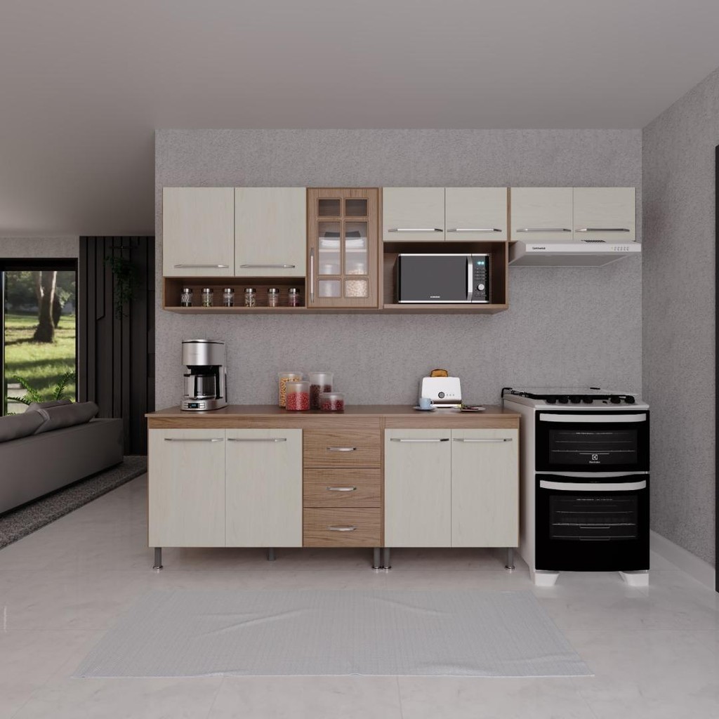 Cozinha Modulada Completa Fidelitá Paris 5 Peças 260cm 11 Portas 3 Gavetas Com Tampo Nogal/Salinas - Home & Living