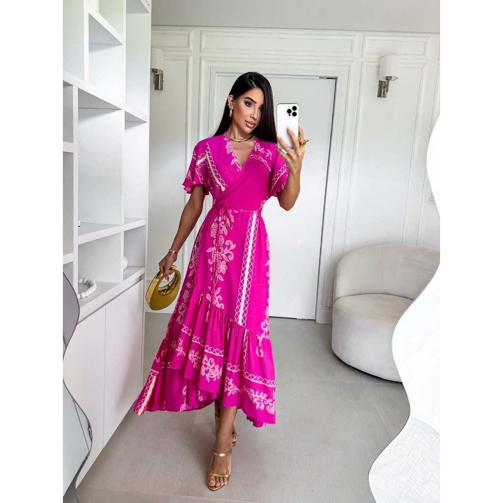 Vestido Longo Feminino Envelope Estampa de Renda Elegante X059-Renda