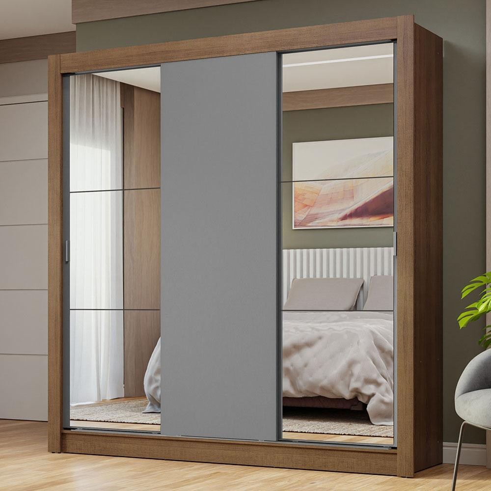 Guarda-Roupa Casal 3 Portas de Correr com Espelhos Rustic/Cinza Nobre Madesa em Oferta na Shopee