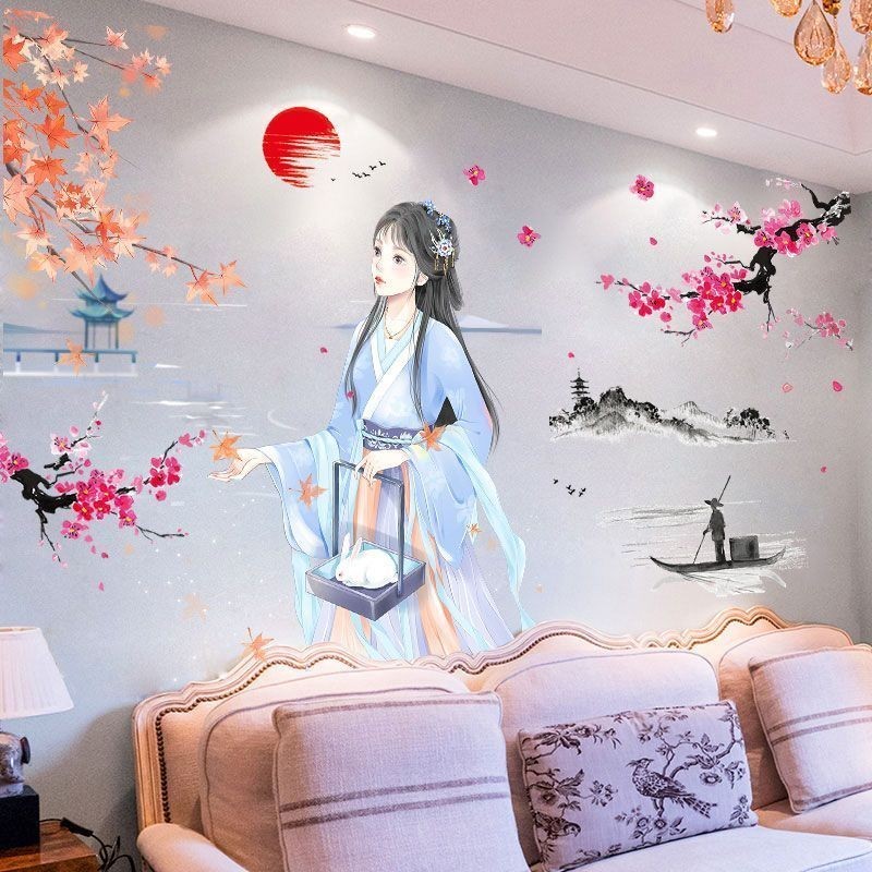 Pintura de Caligrafia Estilo Chinês Autocolantes de Parede Lotus Decorações de Quarto Entrada Autocolantes de Parede Quente Papel de Parede Autocolante de Parede