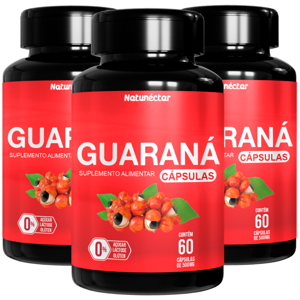 Kit 3 Frascos Guaraná Suplemento Alimentar Natural Energia 100% Pura Natunéctar - 180 Capsulas 500mg