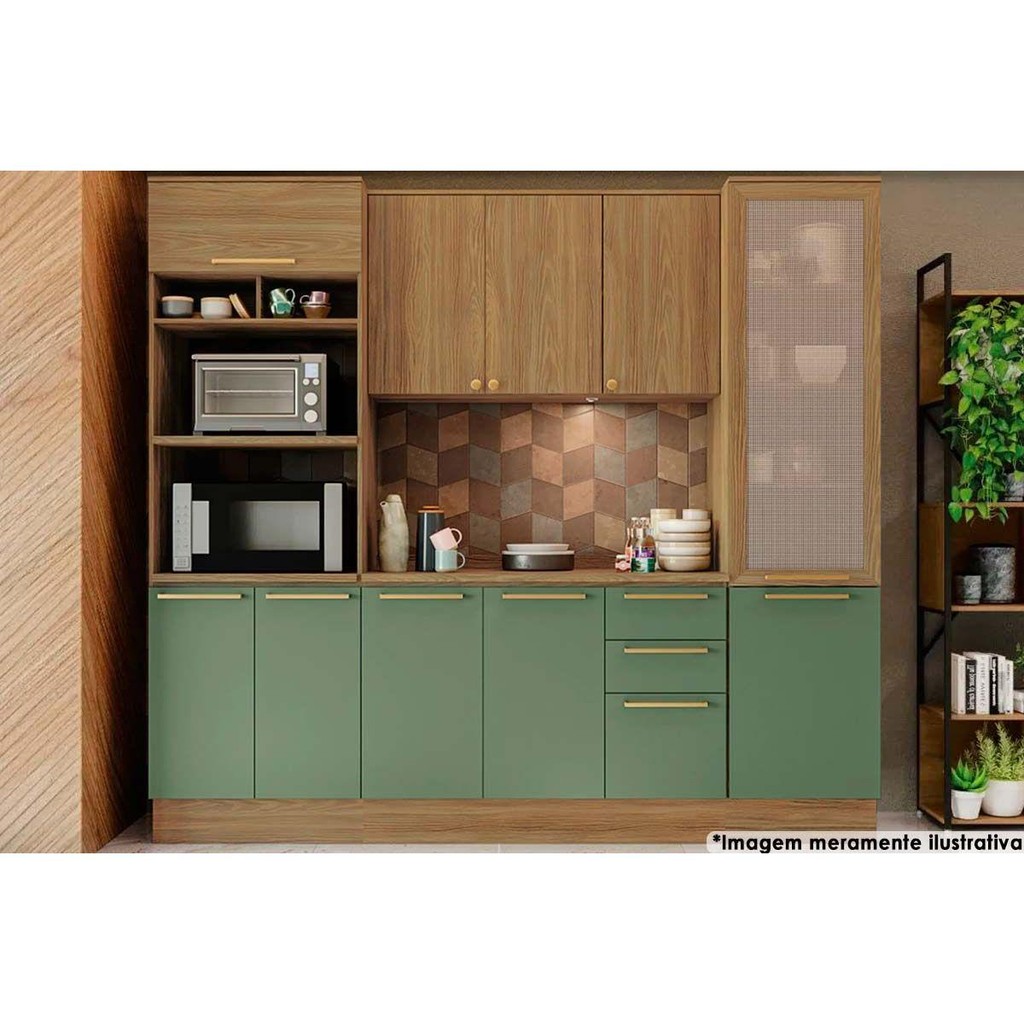 Cozinha Completa Botanic 5 Peças (1 Armário + 1 Balcão + 2 Paneleiros + 1 Complemento) M650 Nogueira/Verde Oliva - Kappesberg em Oferta na Shopee
