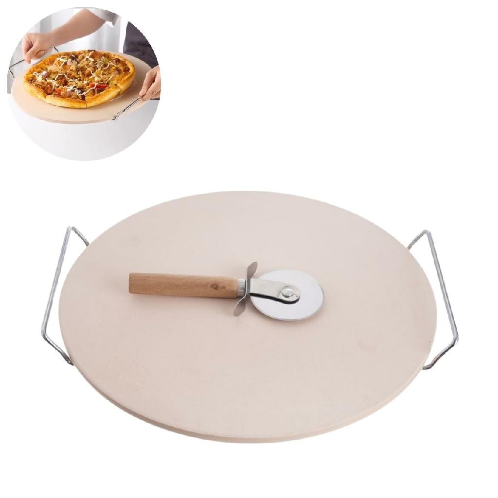 Pedra refratária pizza 38cm redonda com suporte inox e cortador para pães massas forno placa assar
