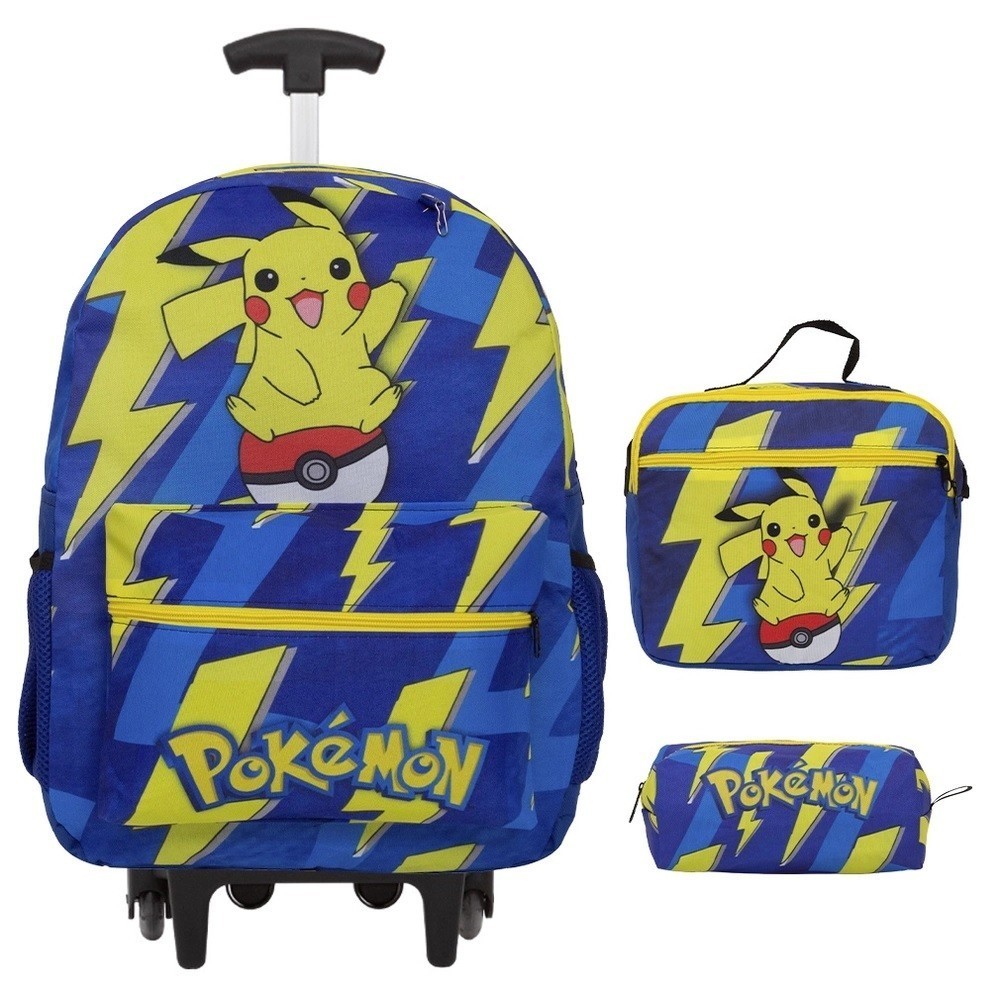 Kit Mochila Pokemon Pikachu com Rodinhas Lancheira e Estojo