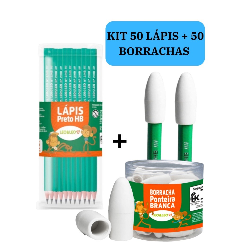 Kit 50 lápis de Escrever Nº2 Preto + 50 Borracha Escolar Ponteira Branca LEO&LEO Escolar Escola Estudo em Oferta na Shopee