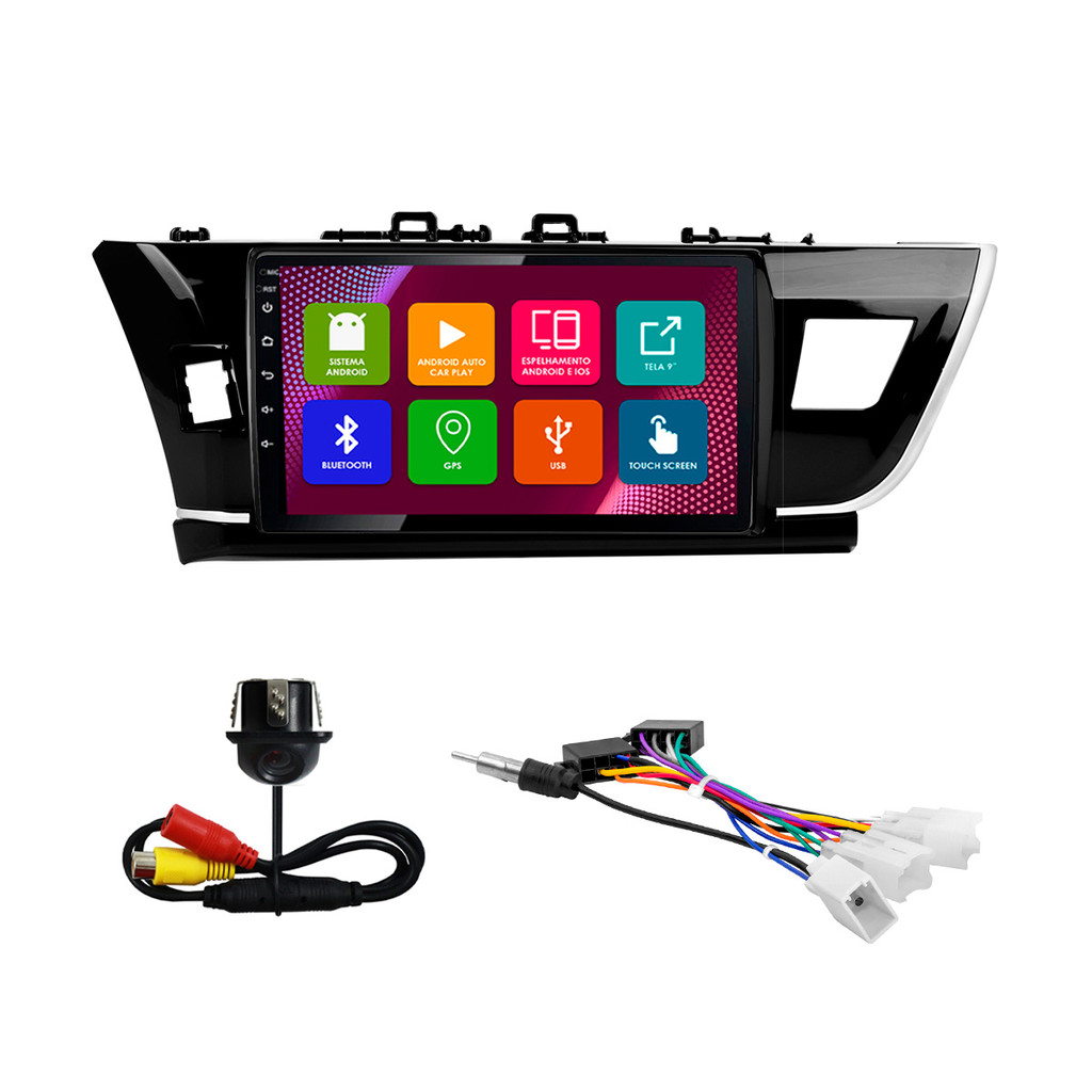 Kit Multimidia 10 Pol Corolla GLI 2014 A 2017 Android 2Gb Ram 32Gb Flash Quad-Core 2 Din Black Piano Acabamento Prata