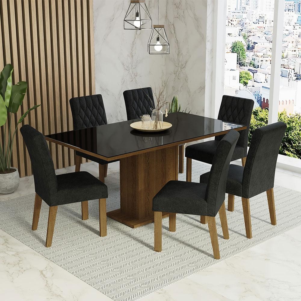 Conjunto Sala de Jantar Mesa Tampo de Vidro 6 Cadeiras Rustic/Preto/Oxford Geórgia Madesa - Home & Living
