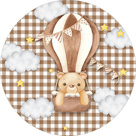 NOVO Painel Festa Infantil Redondo Ursinho Baloeiro, Xadrez marro + Arco, Suporte incluso. Fazemos personalizado com qualquer tema. Confeccionado em Lona fosca, impressão de alta resolução. cenário , p/ Decoração