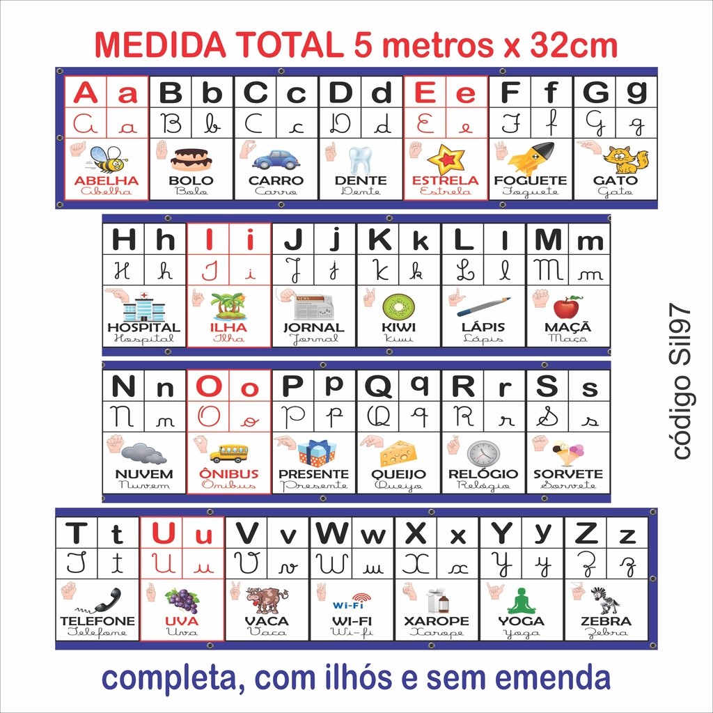 NOVO Faixa Alfabeto em Lona Ilustrado 4 Formas Letra caixa, bastão, cursiva + Libra C/ 5m - LANÇAMENTO! (Banner)